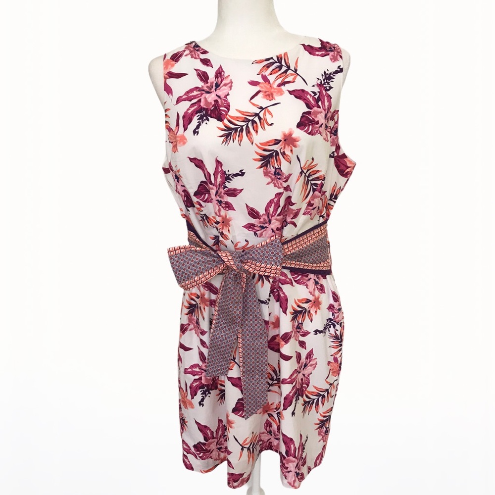 Tahari 97% Cotton Floral Tie-Waist Dress - 14 - Picture 6 of 15